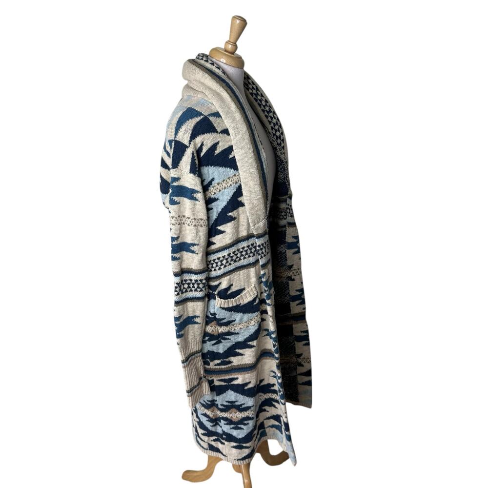 FAHERTY B. Yellowtail Paloma Aztec Longline Duster Cardigan BLUE SMALL NO BELT - Picture 8 of 10
